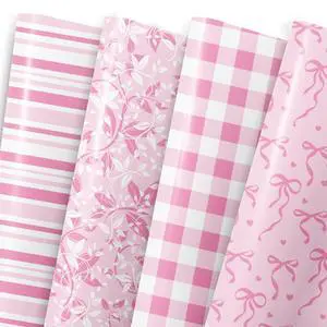 Pink Wrapping Paper Sheet - 8 Sheets Folded Flat Gift Wrap with Cute Ribbon Bow, Pink Plaid, Stripes and Leaves Design for Girl Baby Shower, Birthday, Wedding - 20 X 28 Inch Per Sheet Pink Wrapping Paper Sheet - 8 Sheets Folded Flat Gift Wrap with Cute Ribbon Bow, Pink Plaid, Stripes and Leaves Design for Girl Baby Shower, Birthday, Wedding - 20 X 28 Inch Per Sheet