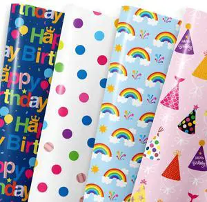 Birthday Wrapping Paper Sheet - 8 Sheets Folded Flat Gift Wrap with Colorful Hat, Happy Birthday Lettering, Rainbow with Clouds, Polka Dots for Party, Baby Shower - 20 X 28 Inch Per Sheet Birthday Wrapping Paper Sheet - 8 Sheets Folded Flat Gift Wrap with Colorful Hat, Happy Birthday Lettering, Rainbow with Clouds, Polka Dots for Party, Baby Shower - 20 X 28 Inch Per Sheet