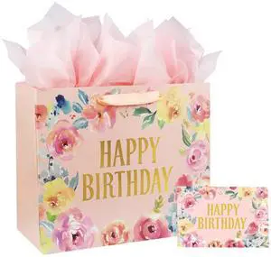 13 Inch Large Birthday Gift Bag for Women & Girls Birthday Party | Pink Floral Design with Handles, Tissue Paper and Card, for All Girls Birthday Gift Wrapping 13 Inch Large Birthday Gift Bag for Women & Girls Birthday Party | Pink Floral Design with Handles, Tissue Paper and Card, for All Girls Birthday Gift Wrapping