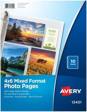 Clear Mixed Format Photo Pages for 3 Ring Binder, Acid Free, Holds 4" x 6" Photos, 10 Photo Protectors (13401) Clear Mixed Format Photo Pages for 3 Ring Binder, Acid Free, Holds 4" x 6" Photos, 10 Photo Protectors (13401)