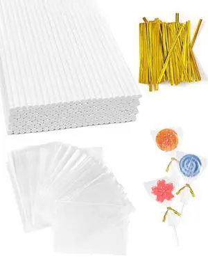 300Pcs Cake Pop Sticks and Wrappers, 6-inch 3.5mm Thick Paper Lollipop Sticks, CHELIZIYA Cakepop Packing Kit for Candy, Chocolate with 100 Sticks, 100 Traet Bags, 100 Twist Ties (Gold Ties) 300Pcs Cake Pop Sticks and Wrappers, 6-inch 3.5mm Thick Paper Lollipop Sticks, CHELIZIYA Cakepop Packing Kit for Candy, Chocolate with 100 Sticks, 100 Traet Bags, 100 Twist Ties (Gold Ties)