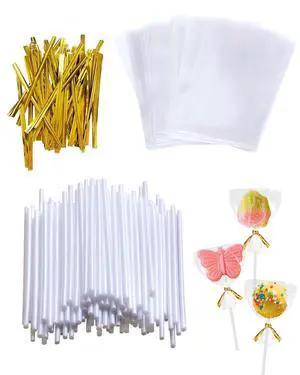 6-inch Plastic Cake Pop Sticks and Bags Kit, White Lollipop Sticks for Candy, Chocolate, Cakepop Accesories including 100 Sticks, 100 Bags, 100 Ties (Gold) 6-inch Plastic Cake Pop Sticks and Bags Kit, White Lollipop Sticks for Candy, Chocolate, Cakepop Accesories including 100 Sticks, 100 Bags, 100 Ties (Gold)