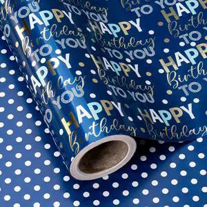 Reversible Birthday Wrapping Paper - Mini Roll - 17 Inch x 10 Feet - Blue and Gold Foil Happy Birthday Wrapping Paper for Boys, Men, Kids, Baby Shower Reversible Birthday Wrapping Paper - Mini Roll - 17 Inch x 10 Feet - Blue and Gold Foil Happy Birthday Wrapping Paper for Boys, Men, Kids, Baby Shower