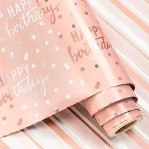 Reversible Pink Birthday Wrapping Paper Roll for Girls Women, Happy Birthday Lettering & Stripe Pattern with Metallic Foil in Pink, Mini Roll, 17 inches x 9.8 Feet Reversible Pink Birthday Wrapping Paper Roll for Girls Women, Happy Birthday Lettering & Stripe Pattern with Metallic Foil in Pink, Mini Roll, 17 inches x 9.8 Feet