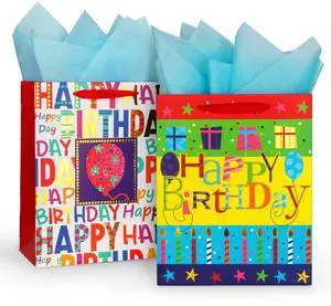 2-Pack 12.6 Inch Large Happy Birthday Gift Bags | with Handles, Tissue Paper and Card, for Girls, Women & Kids Birthday Party Favor Wrap 2-Pack 12.6 Inch Large Happy Birthday Gift Bags | with Handles, Tissue Paper and Card, for Girls, Women & Kids Birthday Party Favor Wrap