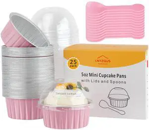 5oz Dot Cake Cups with Dome Lids, Cupcake Tins Mini Cake Pans | 25 Pack, Foil Baking Cups, Disposable Ramekins, Single Muffin Containers, for Kids Party, Round Pink 5oz Dot Cake Cups with Dome Lids, Cupcake Tins Mini Cake Pans | 25 Pack, Foil Baking Cups, Disposable Ramekins, Single Muffin Containers, for Kids Party, Round Pink