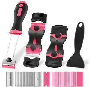 4 Pack Razor Blade Scraper, Includes 50 PCS Metal & Plastic Blades | Premium Razor Scraper Tool for Glass, Window, Cooktop, Countertop Cleaning & Sticker, Decal, Paint Removal (Pink) 4 Pack Razor Blade Scraper, Includes 50 PCS Metal & Plastic Blades | Premium Razor Scraper Tool for Glass, Window, Cooktop, Countertop Cleaning & Sticker, Decal, Paint Removal (Pink)