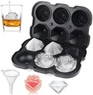 Ice Cube Tray, Mikiwon 2 inch Rose Ice Cube Trays With Covers, 3 Cavity Silicone Rose Ice Tray & 3 Diamond Ice Ball Maker, Easy Release Large Ice Cube Form for Chilled Cocktails, Whiskey Juice Black Ice Cube Tray, Mikiwon 2 inch Rose Ice Cube Trays With Covers, 3 Cavity Silicone Rose Ice Tray & 3 Diamond Ice Ball Maker, Easy Release Large Ice Cube Form for Chilled Cocktails, Whiskey Juice Black