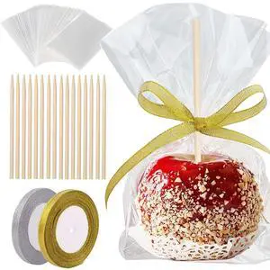 200 Pack Candy Apple Caramel Apple Sticks and Bags,100 Bags,100 Sticks, 50 Yard Gold and Silver Glitter Ribbon Caramel Apple Making kit 200 Pack Candy Apple Caramel Apple Sticks and Bags,100 Bags,100 Sticks, 50 Yard Gold and Silver Glitter Ribbon Caramel Apple Making kit