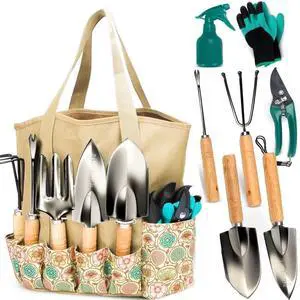 8-Piece Garden Tool Set with Bag, Stainless Steel Tools, Wooden Handles and Soft Poly-Cotton Gloves for Planting, Pruning and Home Gardening 8-Piece Garden Tool Set with Bag, Stainless Steel Tools, Wooden Handles and Soft Poly-Cotton Gloves for Planting, Pruning and Home Gardening