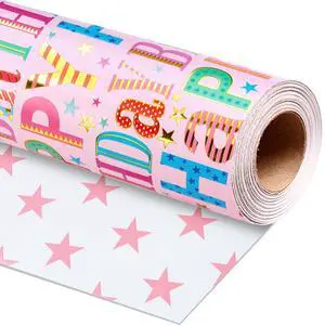 Homeral Pink Birthday Wrapping Paper Roll - Colorful Happy Birthday Letters with Metallic Foil Shine & Stars Reversible Gift Wrap for Girls Baby Shower, Party - Mini Roll - 17 Inch x 16.5 Feet Homeral Pink Birthday Wrapping Paper Roll - Colorful Happy Birthday Letters with Metallic Foil Shine & Stars Reversible Gift Wrap for Girls Baby Shower, Party - Mini Roll - 17 Inch x 16.5 Feet