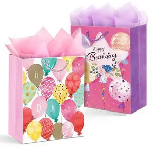 Gift Bags for Women Girls Teens, 2 Pack Medium, Tissue Paper | Pastel balloon & floral-star designs; pink & purple tissue paper included; thick cardstock with reinforced bottom keeps shape Gift Bags for Women Girls Teens, 2 Pack Medium, Tissue Paper | Pastel balloon & floral-star designs; pink & purple tissue paper included; thick cardstock with reinforced bottom keeps shape