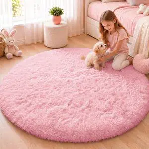 OLANLY Pink Round Rugs for Bedroom - Machine Washable, 4 ft Circle Area Rugs for Living Room, Soft and Fluffy Shaggy Carpet for Teen Girls and Boys, Nursery Rooms, Dorms, Home Decor Aesthetic OLANLY Pink Round Rugs for Bedroom - Machine Washable, 4 ft Circle Area Rugs for Living Room, Soft and Fluffy Shaggy Carpet for Teen Girls and Boys, Nursery Rooms, Dorms, Home Decor Aesthetic
