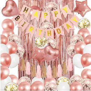 Amandir Rose Gold Birthday Party Decorations Kit, Confetti Foil Rose Gold Balloons Happy Birthday Banner Tassels Metallic Fringe Curtains Valentines day 30th 40th 50th 60th Party Supplies for Women Amandir Rose Gold Birthday Party Decorations Kit, Confetti Foil Rose Gold Balloons Happy Birthday Banner Tassels Metallic Fringe Curtains Valentines day 30th 40th 50th 60th Party Supplies for Women