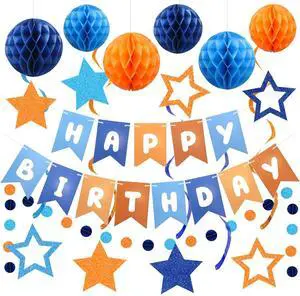 Pre-Strung Happy Birthday Decorations for Boys Men Women, Orange Blue Birthday Banner with Honeycomb Balls, Stars Hanging Swirl Streamers, Circle Dots Garland Pre-Strung Happy Birthday Decorations for Boys Men Women, Orange Blue Birthday Banner with Honeycomb Balls, Stars Hanging Swirl Streamers, Circle Dots Garland