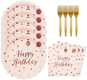 48PCS Happy Birthday Plates and Napkins Party Supplies-Disposable Pink and Gold Scalloped Dessert Cake Plates Napkins Forks Tableware Set for Birthday Wedding Baby Shower Party Decoration 16 Guests 48PCS Happy Birthday Plates and Napkins Party Supplies-Disposable Pink and Gold Scalloped Dessert Cake Plates Napkins Forks Tableware Set for Birthday Wedding Baby Shower Party Decoration 16 Guests
