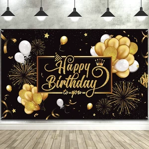 Black and Gold Happy Birthday Banner Sign Photo Backdrop, Classic | Happy Birthday Photo Background with Glitter Balloons Fireworks, Birthday Party Decoration Supplies, 72.8 x 43.3 in Black and Gold Happy Birthday Banner Sign Photo Backdrop, Classic | Happy Birthday Photo Background with Glitter Balloons Fireworks, Birthday Party Decoration Supplies, 72.8 x 43.3 in