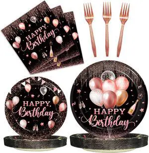 Rose Gold Birthday Plates and Napkins Set, Serves 24 | 96-piece black and rose gold tableware kit with two plate sizes, napkins and forks for birthday celebrations Rose Gold Birthday Plates and Napkins Set, Serves 24 | 96-piece black and rose gold tableware kit with two plate sizes, napkins and forks for birthday celebrations