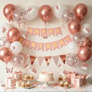 Rose Gold Birthday Decorations Women, Happy Birthday Banner for Girls Party Decorations with Balloons, Pennant Banner Flags and Rose Gold Butterfly Decorations Rose Gold Birthday Decorations Women, Happy Birthday Banner for Girls Party Decorations with Balloons, Pennant Banner Flags and Rose Gold Butterfly Decorations