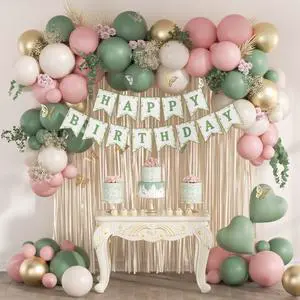Pink and Sage Green Birthday Decorations with Sand White Gold Balloons | Fringe Curtain, Banner, Happy Birthday Decorations for Women Pink and Sage Green Birthday Decorations with Sand White Gold Balloons | Fringe Curtain, Banner, Happy Birthday Decorations for Women