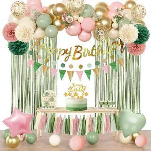 Pink Sage Green Birthday Party Decorations kits for Girls Women with Happy Birthday Banner, Fringe Curtain,Foil Balloons,Tissue Pompoms,Dots Garland,Tassels Garland,Cake Topper for birthday decor Pink Sage Green Birthday Party Decorations kits for Girls Women with Happy Birthday Banner, Fringe Curtain,Foil Balloons,Tissue Pompoms,Dots Garland,Tassels Garland,Cake Topper for birthday decor