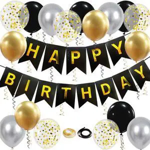 Happy Birthday Banner, Black Gold Birthday Decoration, 16 Pcs 12in Balloons with 2 Ribbons for Men Women Girls and Boys Party Decoration Happy Birthday Banner, Black Gold Birthday Decoration, 16 Pcs 12in Balloons with 2 Ribbons for Men Women Girls and Boys Party Decoration