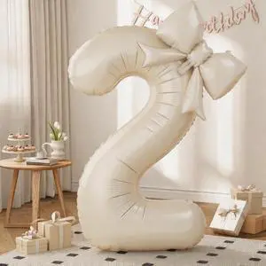 40 Inch Cream Number 2 with Bow Balloon for 2nd Birthday Party Decorations | Cream White Beige Ivory Foil Number Balloon 2 with Bow Self Inflating for 2nd 20th Girls Women Coquette BirthdayDecorations 40 Inch Cream Number 2 with Bow Balloon for 2nd Birthday Party Decorations | Cream White Beige Ivory Foil Number Balloon 2 with Bow Self Inflating for 2nd 20th Girls Women Coquette BirthdayDecorations