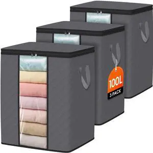 3 Pack 100L Clothes Storage, Foldable Storage Bags, Grey | Thick Fabric, Clear Window, with Reinforced Handle, for Clothing, Blanket, Comforters, Bedding Organizing 3 Pack 100L Clothes Storage, Foldable Storage Bags, Grey | Thick Fabric, Clear Window, with Reinforced Handle, for Clothing, Blanket, Comforters, Bedding Organizing