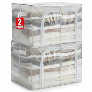 Clear Stackable Clothes Storage Bins with Metal Frame, Foldable Storage Box with Lid, Bedroom, Closet Organizers and Storage Container with Zippers & Durable Handles (Clear, 2 Pack) Clear Stackable Clothes Storage Bins with Metal Frame, Foldable Storage Box with Lid, Bedroom, Closet Organizers and Storage Container with Zippers & Durable Handles (Clear, 2 Pack)