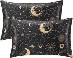 Satin Pillowcase for Hair and Skin Queen - Printed Black Sun | Satin Pillow Cases Set of 2 with Envelope Closure, Gifts for Women Men Satin Pillowcase for Hair and Skin Queen - Printed Black Sun | Satin Pillow Cases Set of 2 with Envelope Closure, Gifts for Women Men