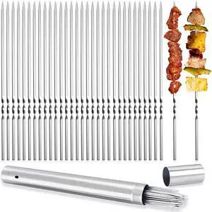 Metal Skewers for Grilling, 50 Pack 14.8" Kabob Skewers, Flat BBQ Barbecue Skewer, Reusable Grilling Skewers Set with Portable Storage Tube for Commercial and Home Use Metal Skewers for Grilling, 50 Pack 14.8" Kabob Skewers, Flat BBQ Barbecue Skewer, Reusable Grilling Skewers Set with Portable Storage Tube for Commercial and Home Use