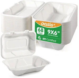 9x6x3 Inch 68 Pack Clamshell Take Out Food Containers, Compostable Disposable Paper To Go Boxes with Lids, Heavy Duty Sugarcane Bagasse Lunch Boxes for Leftovers, Meal Prep & Takeout, White 9x6x3 Inch 68 Pack Clamshell Take Out Food Containers, Compostable Disposable Paper To Go Boxes with Lids, Heavy Duty Sugarcane Bagasse Lunch Boxes for Leftovers, Meal Prep & Takeout, White