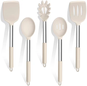 Cooking Utensils Set, 5 PCS Silicone Kitchen Utensils, Khaki | Stainless Steel Handle for Nonstick Cookware Turning Flipping Frying Draining, Heatproof & Healthy, Nonstick & Easy Clean Cooking Utensils Set, 5 PCS Silicone Kitchen Utensils, Khaki | Stainless Steel Handle for Nonstick Cookware Turning Flipping Frying Draining, Heatproof & Healthy, Nonstick & Easy Clean