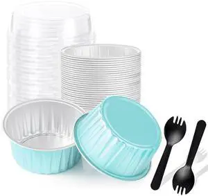 Mini Loaf Pans with Lids and Spoons, Mini Cake Pans for Baking Disposable | 25PCS Round Aluminum Foil dot cake cups, Muffin Tins Cupcake Cups for Wedding Party Birthday,5oz (Blue) Mini Loaf Pans with Lids and Spoons, Mini Cake Pans for Baking Disposable | 25PCS Round Aluminum Foil dot cake cups, Muffin Tins Cupcake Cups for Wedding Party Birthday,5oz (Blue)