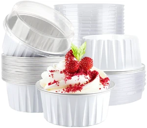 Ramekin Baking Cups, 30pcs 5oz Aluminum Foil Muffin Liners Cupcake Baking Cup with Lids, Mini Pie Pans with Lids, Disposable Foil Baking Cups Containers for Creme Brulee or Cupcake-White Ramekin Baking Cups, 30pcs 5oz Aluminum Foil Muffin Liners Cupcake Baking Cup with Lids, Mini Pie Pans with Lids, Disposable Foil Baking Cups Containers for Creme Brulee or Cupcake-White