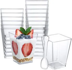 5 oz Plastic Dessert Cups 50 Pack Small Clear Square Parfait Cups with Spoons, Mini Plastic Tumbler Serving Cups for Tasting Party Appetizers Mousse Yogurt 5 oz Plastic Dessert Cups 50 Pack Small Clear Square Parfait Cups with Spoons, Mini Plastic Tumbler Serving Cups for Tasting Party Appetizers Mousse Yogurt