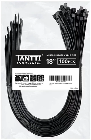 Zip Ties 18 inch (100 Pack), Black, 60lb Tensile Strength, UV Resistant Cable Ties for indoor and outdoor use, by Tantti Supply Zip Ties 18 inch (100 Pack), Black, 60lb Tensile Strength, UV Resistant Cable Ties for indoor and outdoor use, by Tantti Supply