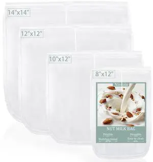 4PCS Nut Milk Bag, Food Grade Nylon Cheese Cloth Bag, Straining Reusable Fine Mesh Strainer for Tea, Yogurt, Juice, Cheese, Soup, Herbs, Vegetable Juice (8"x12"/14"x14"/10"x12"/12"x12") 4PCS Nut Milk Bag, Food Grade Nylon Cheese Cloth Bag, Straining Reusable Fine Mesh Strainer for Tea, Yogurt, Juice, Cheese, Soup, Herbs, Vegetable Juice (8"x12"/14"x14"/10"x12"/12"x12")