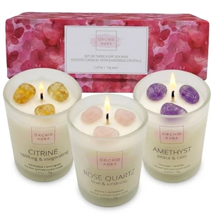 Soy Candles with Healing Crystals. Citrine, Rose Quartz, Amethyst Crystal. | Eucalyptus + Lemongrass, Jasmine + Sandalwood, Clary Sage + Lavender. 3PC Scented Crystal Candle Set, 2.47oz Each Soy Candles with Healing Crystals. Citrine, Rose Quartz, Amethyst Crystal. | Eucalyptus + Lemongrass, Jasmine + Sandalwood, Clary Sage + Lavender. 3PC Scented Crystal Candle Set, 2.47oz Each