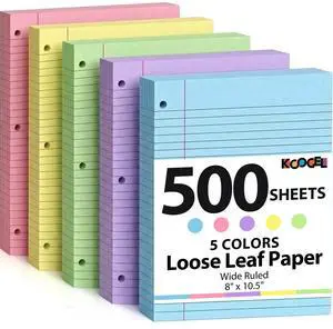 500 Sheets Colored Filler Paper, 5 Colors 8 x 10-1/2 Inch Wide Ruled 500 Sheets Colored Filler Paper, 5 Colors 8 x 10-1/2 Inch Wide Ruled