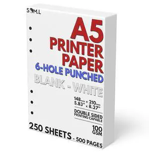 A5 Blank Paper 6-Hole Punched, 250 Sheets, 100 GSM, 5.83 x 8.27 inches A5 Blank Paper 6-Hole Punched, 250 Sheets, 100 GSM, 5.83 x 8.27 inches