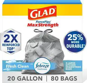 ForceFlex MaxStrength Kitchen Trash Bags, Rip and Tear Resistant, Fresh Clean Scented Large Garbage Bags, Odor Control, Febreze Freshness, 20 Gallon Trash Bags, 80 Count ForceFlex MaxStrength Kitchen Trash Bags, Rip and Tear Resistant, Fresh Clean Scented Large Garbage Bags, Odor Control, Febreze Freshness, 20 Gallon Trash Bags, 80 Count