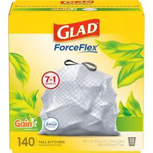 ForceFlex Kitchen Trash Bags, Rip and Tear Resistant, Gain Original Scented Tall Garbage Bags, Odor Control, Febreze Freshness, 13 Gallon, 140 Count ForceFlex Kitchen Trash Bags, Rip and Tear Resistant, Gain Original Scented Tall Garbage Bags, Odor Control, Febreze Freshness, 13 Gallon, 140 Count