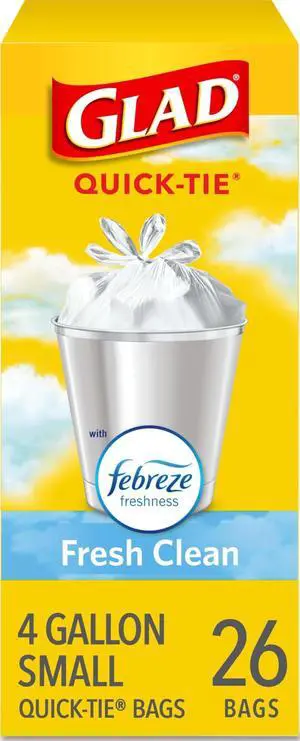 Small Trash Bags 4 Gallon, Febreze Fresh Clean Garbage Bags, Odor Resistant with Quick Tie, 26 Count Small Trash Bags 4 Gallon, Febreze Fresh Clean Garbage Bags, Odor Resistant with Quick Tie, 26 Count