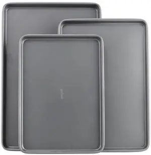 Everyday Nonstick Baking Sheet Set, 3 Pack Includes Small (13×9) Medium (15×1) and Large (17×11) Pans Carbon Steel Construction Cookie Sheets Bakeware Set, Gray Everyday Nonstick Baking Sheet Set, 3 Pack Includes Small (13×9) Medium (15×1) and Large (17×11) Pans Carbon Steel Construction Cookie Sheets Bakeware Set, Gray