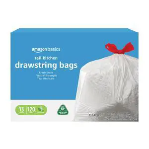 13 Gallon Tall Kitchen Drawstring Trash Bags, Flextra Strength, Clean Fresh Scent, Tear Resistant, 0.9 mil Thickness, 10% Post Consumer Recycled, 120 Count 13 Gallon Tall Kitchen Drawstring Trash Bags, Flextra Strength, Clean Fresh Scent, Tear Resistant, 0.9 mil Thickness, 10% Post Consumer Recycled, 120 Count