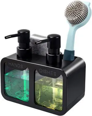 Kitchen Hand Soap and Dish Soap Dispenser Set, Dual Soap Dispenser with Sponge Caddy and Brush Holder 4-in-1 Organizer for Kitchen Sink Countertop, Useful Kitchen Gadgets - Black Kitchen Hand Soap and Dish Soap Dispenser Set, Dual Soap Dispenser with Sponge Caddy and Brush Holder 4-in-1 Organizer for Kitchen Sink Countertop, Useful Kitchen Gadgets - Black