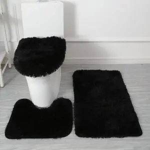 Black Bathroom Rugs Sets 3Piece Bath Mat Solid Bath Rug Floor Mats Washable Shower Rug with U-Shaped Contour Rug Toilet Lid Cover Black Bathroom Rugs Sets 3Piece Bath Mat Solid Bath Rug Floor Mats Washable Shower Rug with U-Shaped Contour Rug Toilet Lid Cover
