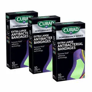 Performance Series® Extra Large Antibacterial Bandages, 30 Count | 2 in x 4 in Flexible Fabric Bandages for Cuts, Scrapes & Burns, Assorted Colors, Extreme Hold Adhesive Technology, 3 Boxes Performance Series® Extra Large Antibacterial Bandages, 30 Count | 2 in x 4 in Flexible Fabric Bandages for Cuts, Scrapes & Burns, Assorted Colors, Extreme Hold Adhesive Technology, 3 Boxes