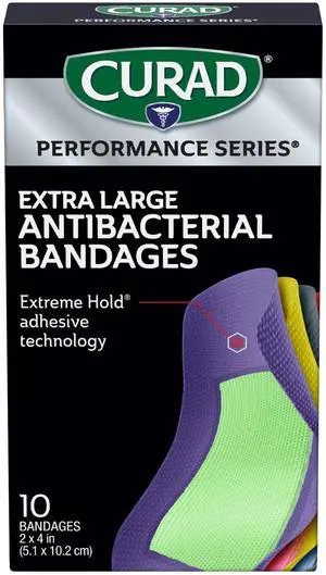 Performance Series® Extra Large Antibacterial Bandages, Box of 10 | 2 in x 4 in Flexible Fabric Bandages for Cuts, Scrapes & Burns, Assorted Colors, Extreme Hold Adhesive Technology Performance Series® Extra Large Antibacterial Bandages, Box of 10 | 2 in x 4 in Flexible Fabric Bandages for Cuts, Scrapes & Burns, Assorted Colors, Extreme Hold Adhesive Technology
